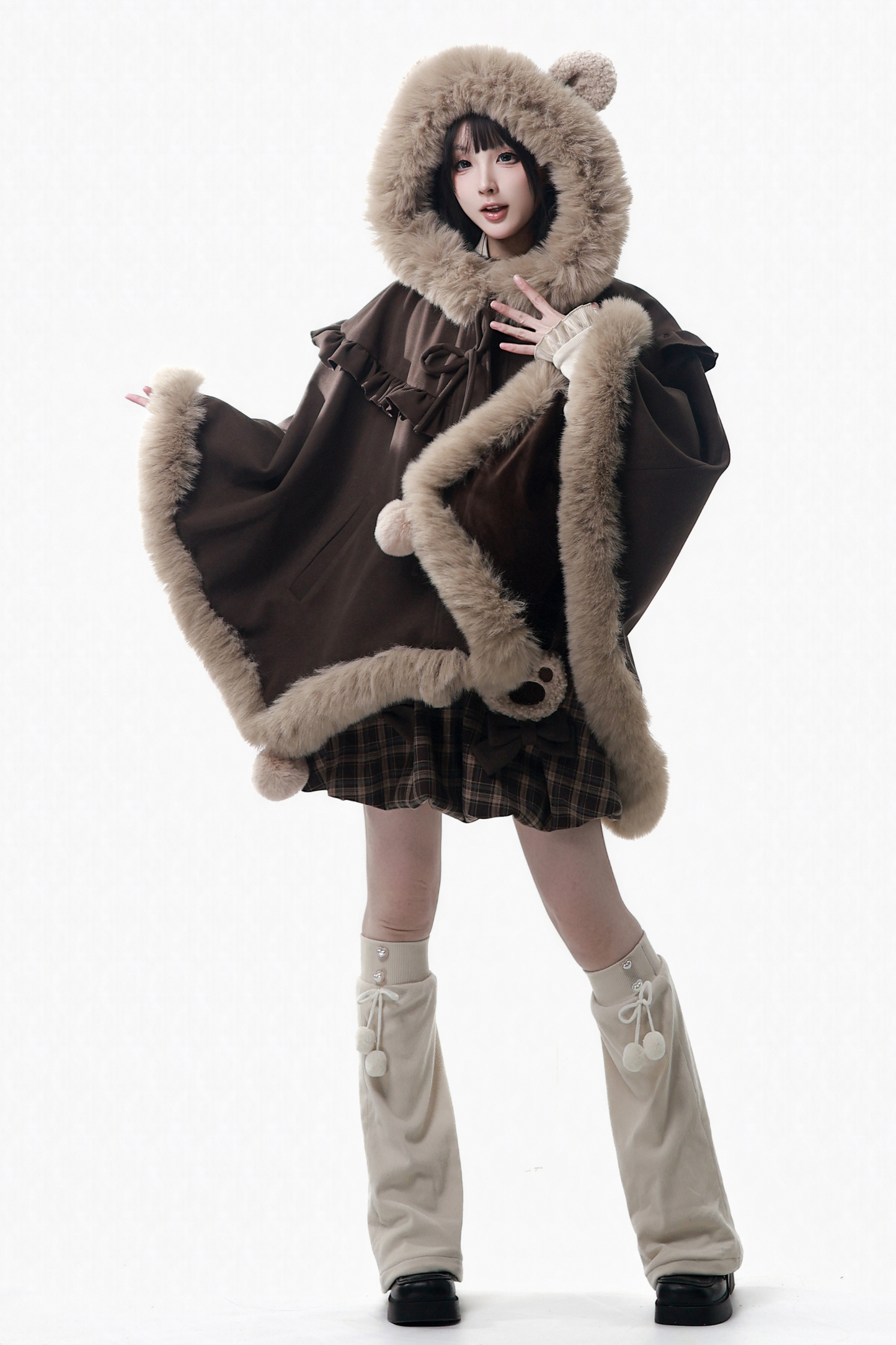 ベルベットベアフードケープ+トップス+サスペンダースカート+レッグカバー