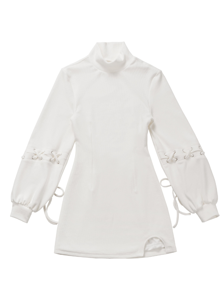 [Angel Neighborhood👼] mock neck lace-up white short dress + heart motif fur collar jumper skirt + bow tie stand collar fur trim coat