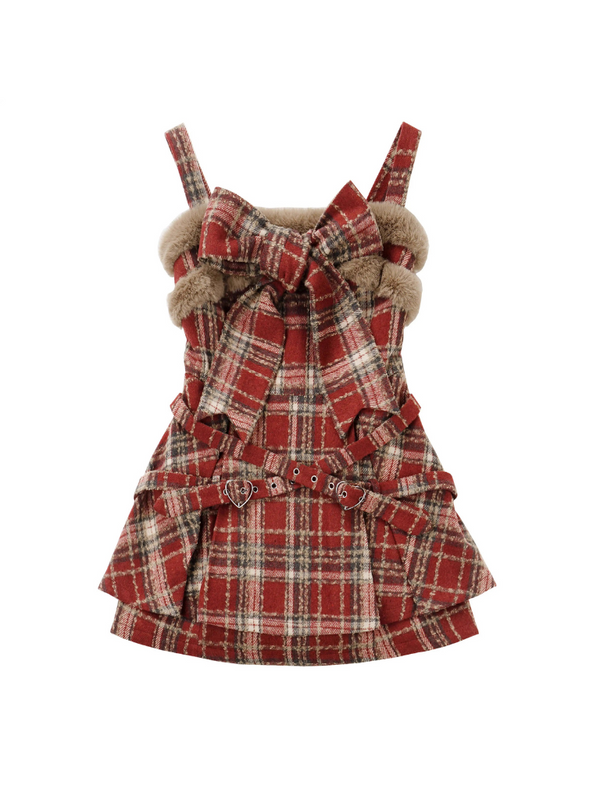 Holy Night Fur Coat + Cross Collar Shirt + Red Check Ribbon Dress