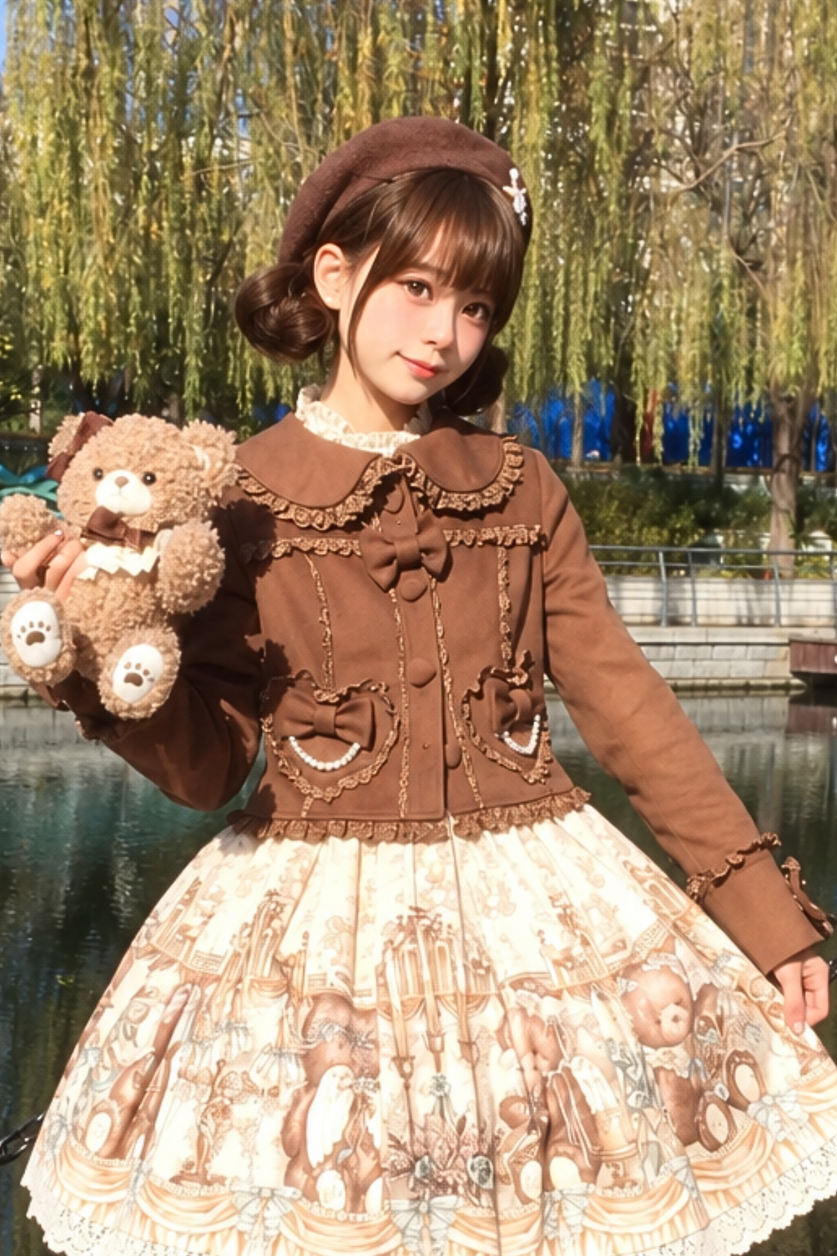 【10月17日予約締切】Brown/Black Sweet Lolita Pearl Bow Lace Short Coat