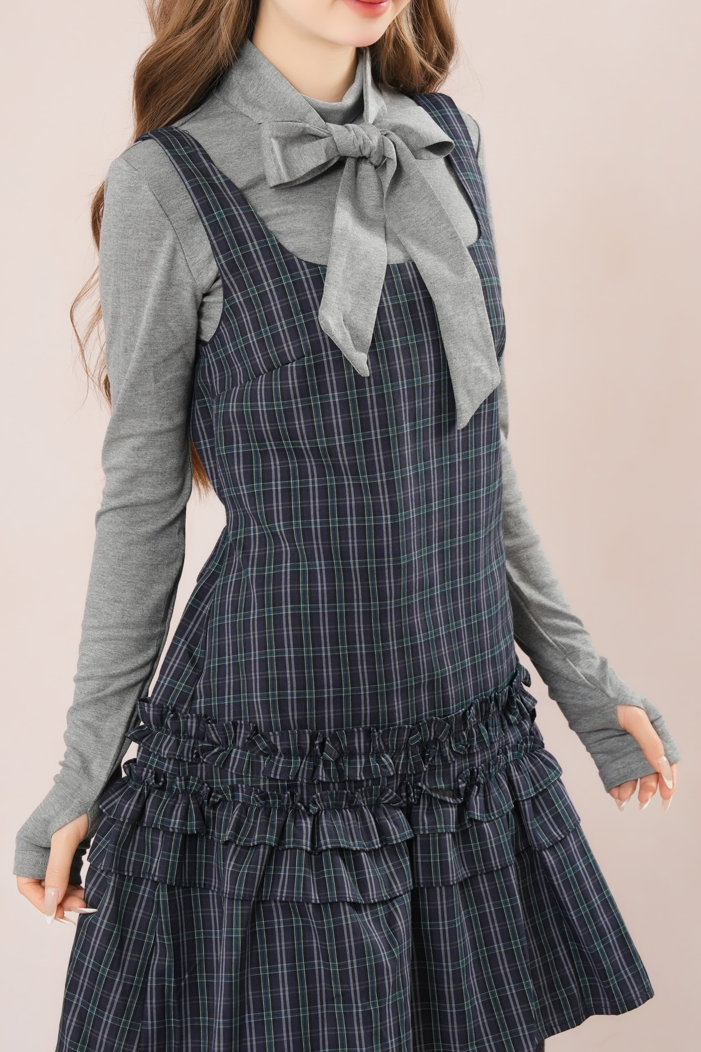 ダークフレンチフリルチェックノースリーブドレス+シャツ