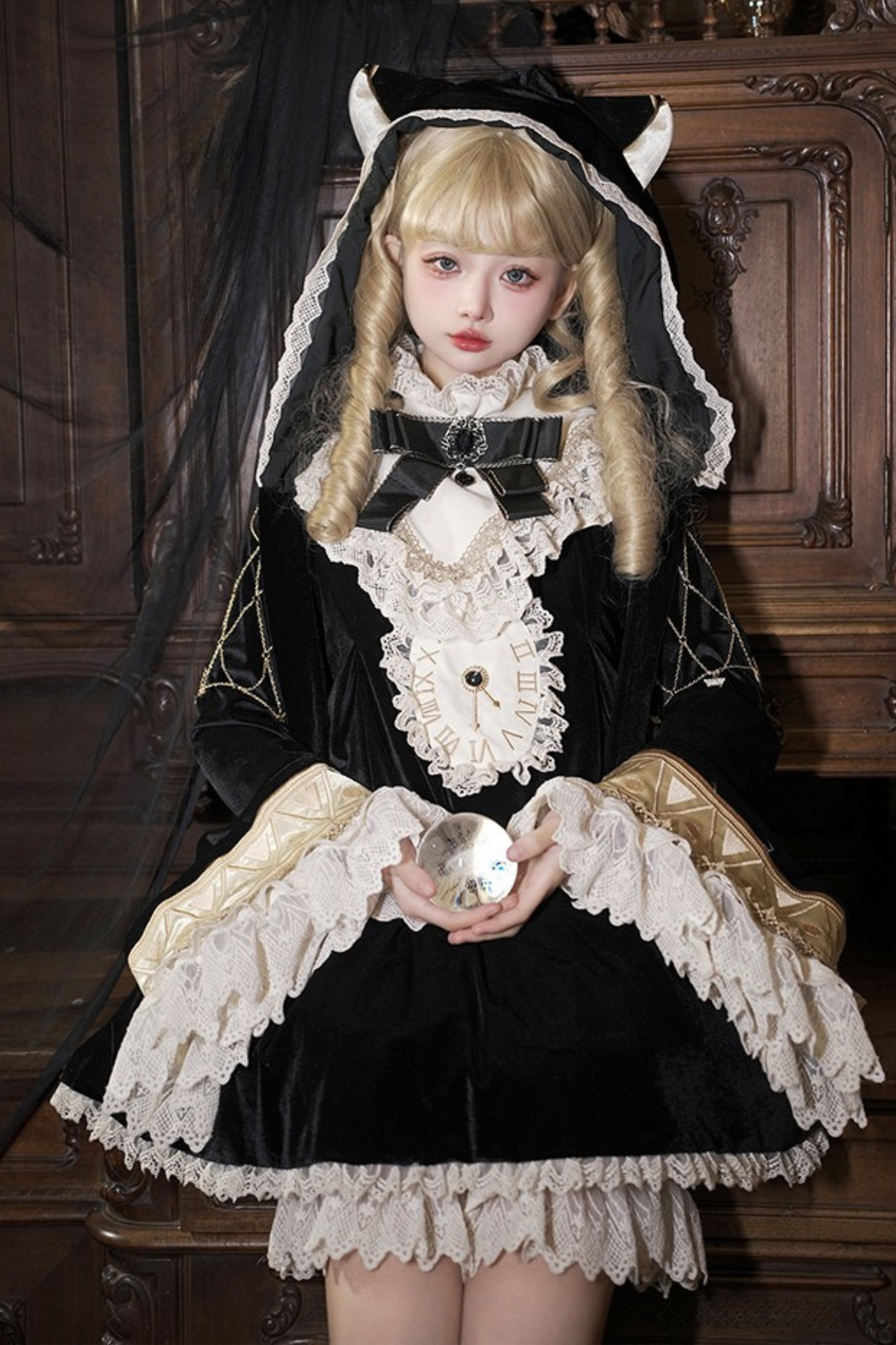 黒猫フリルクロックロリータドレス+パンプキンパンツ