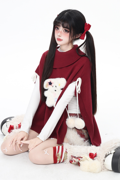 タートルネックショールニットプルオーバーケープ