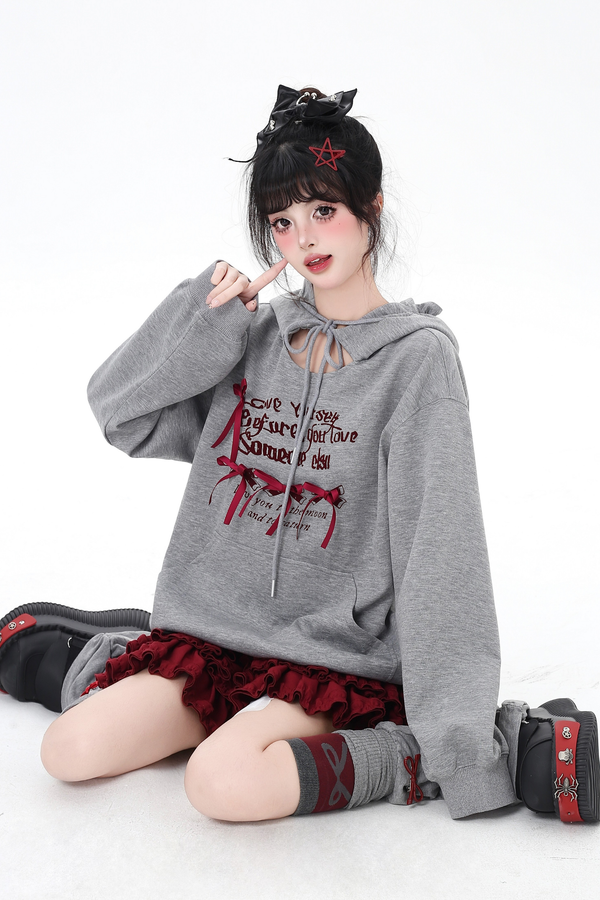 Cutout Ribbon Hooded Hoodie