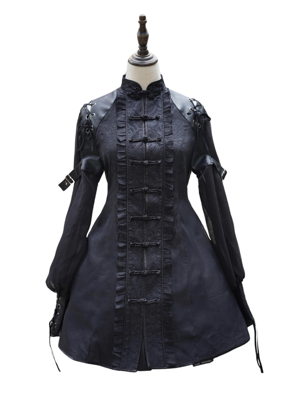 sheer black lolita dress Elegant Lace Edward Neck Black Kuro Lolita Dress with Semi-sheer Long Sleeves and Overlay Skirt
