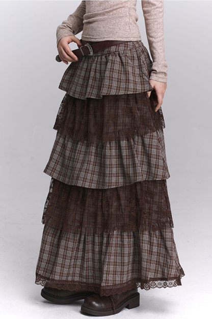 チェックティアードレースロングスカート