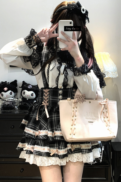 [Pre-order item] Frilled Ribbon Lace-up Suspender Skirt