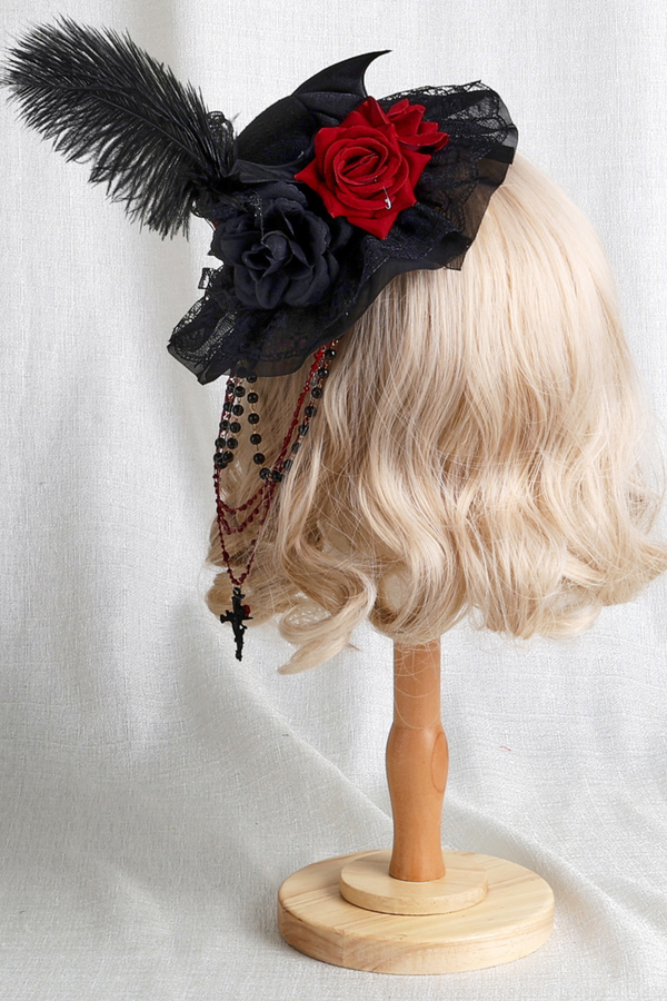 Gothic Rose Feather Hat + Bonnet + Hairband + Feather Clip
