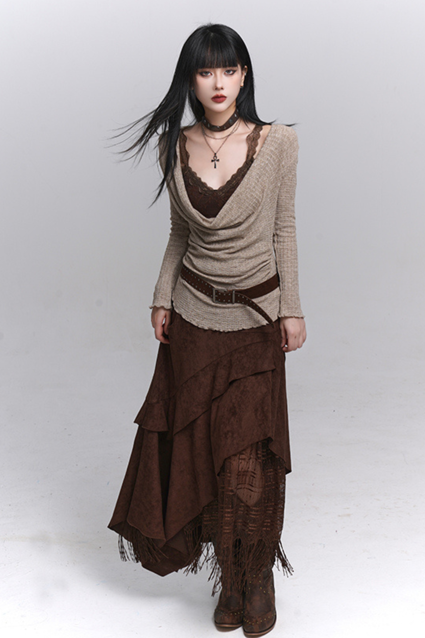 レースインナーY2Kオープンネックトップス