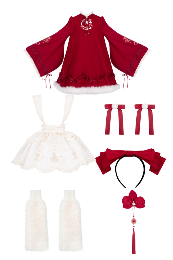 China Big Sleeve Dress + Apron + Skirt + Leg Warmers + Hairband + Clip + Pin