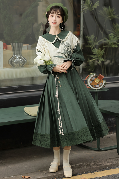 Dark green retro dress + vest