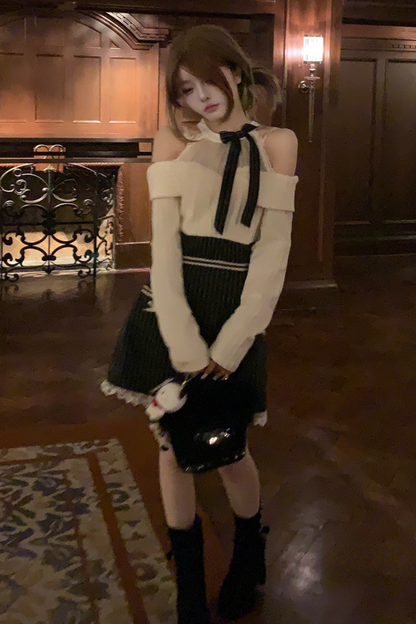 リボンオフショルダーストライプドレス