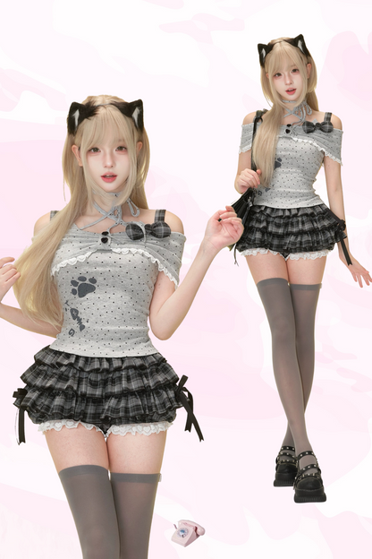 黒猫ドットキャミソール＋チェックケーキスカート