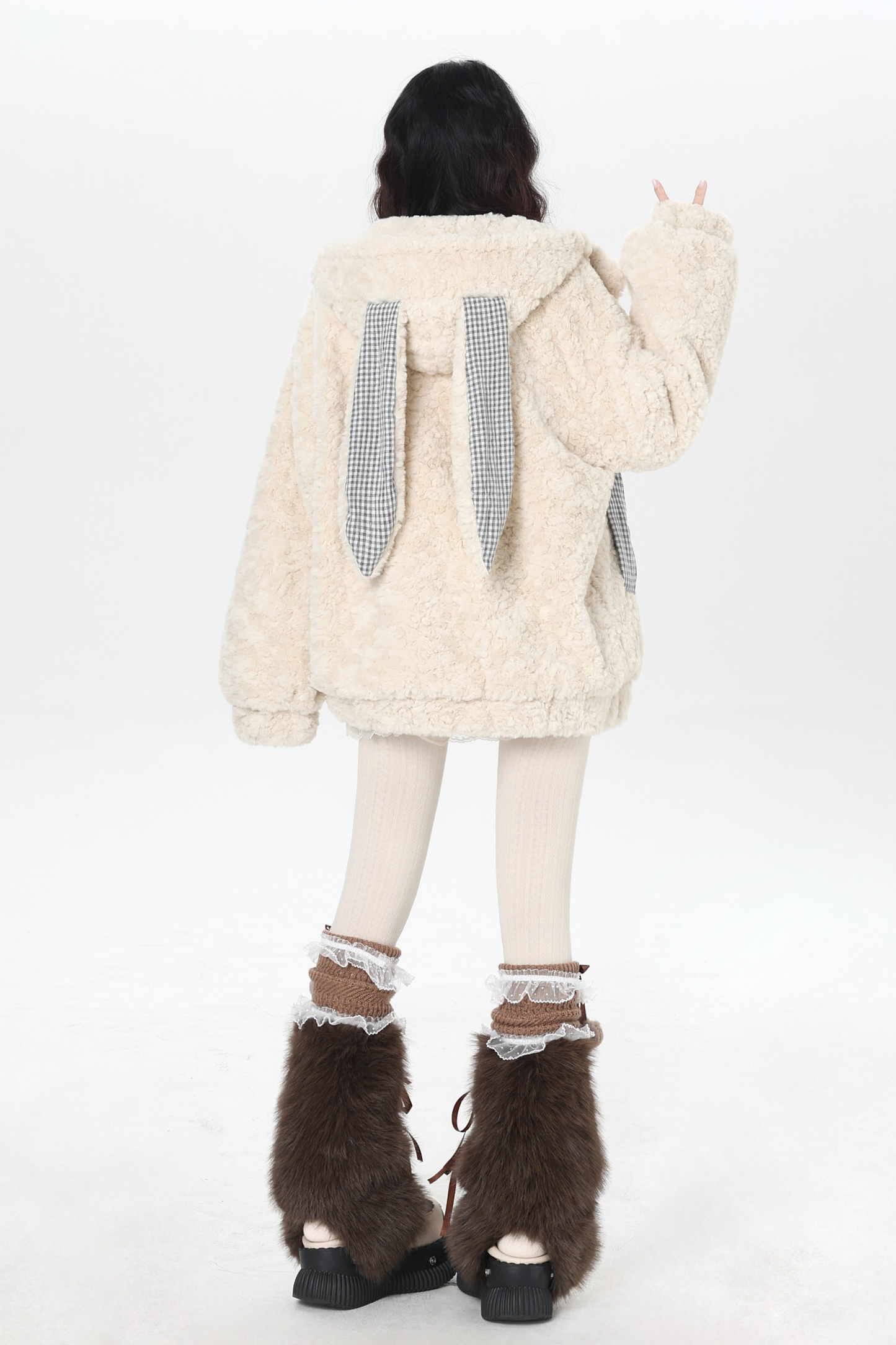Check Long Bunny Ear Fur Jacket