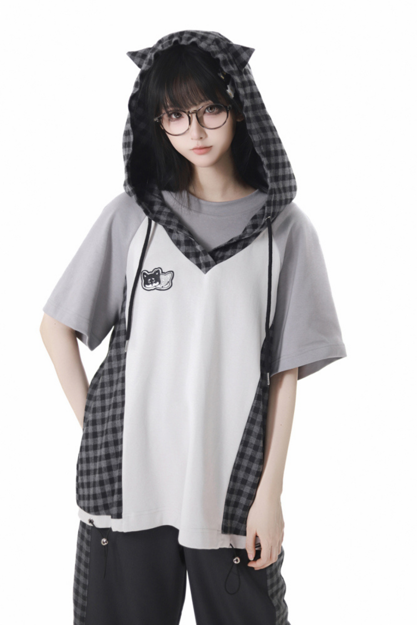 チェックショートトップス+チェックパンツ+フードトップス