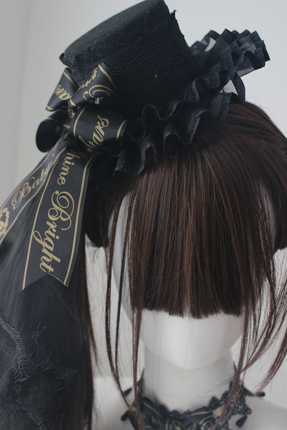 ブラックゴールドロリータヘッドバンド+リボンカチューシャ+チョーカー+ハットベール+スリーブ
