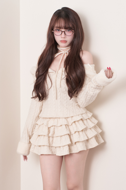 ケーブルニットトップス+ティアードスカート