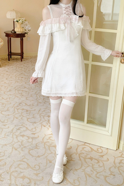 Girly sweet lace one shoulder dress