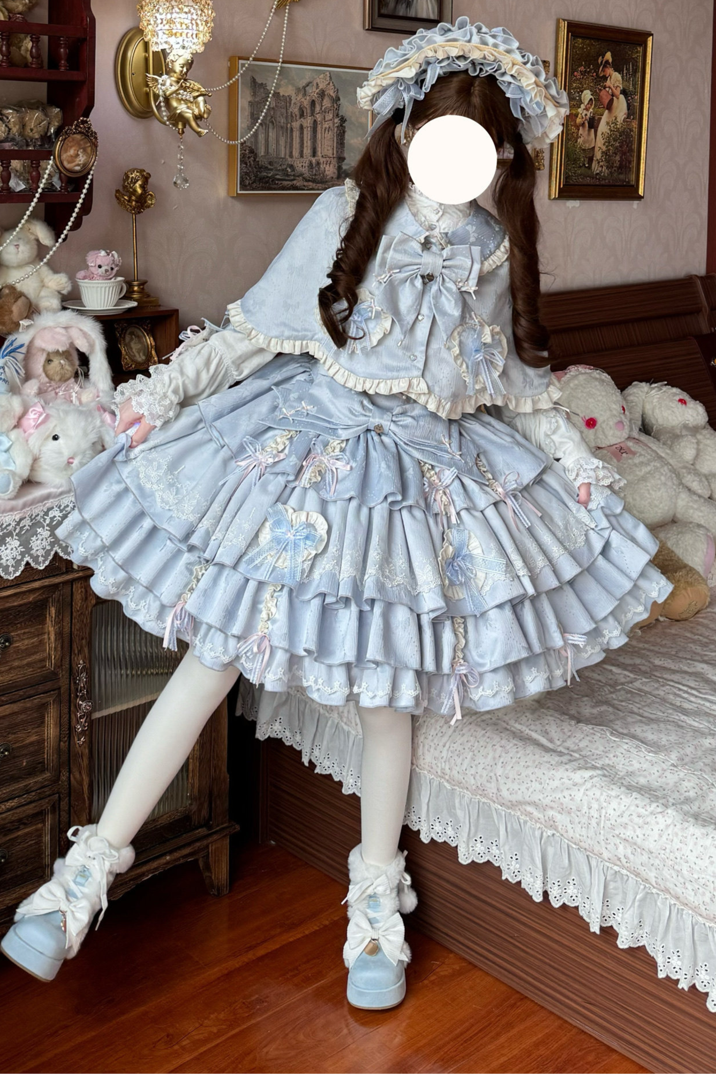 レイヤーフリルスイートプリンセスロリータジャンパースカート+テール+ヘアバンド+ケープ+ボンネット