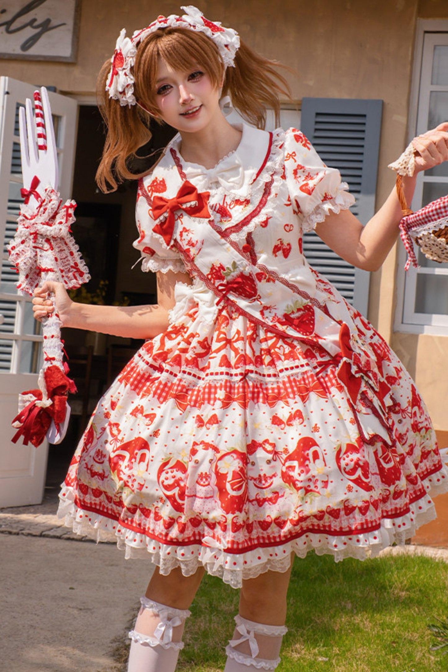 レッドベリーロリータドレス+リボン+ヘアバンド