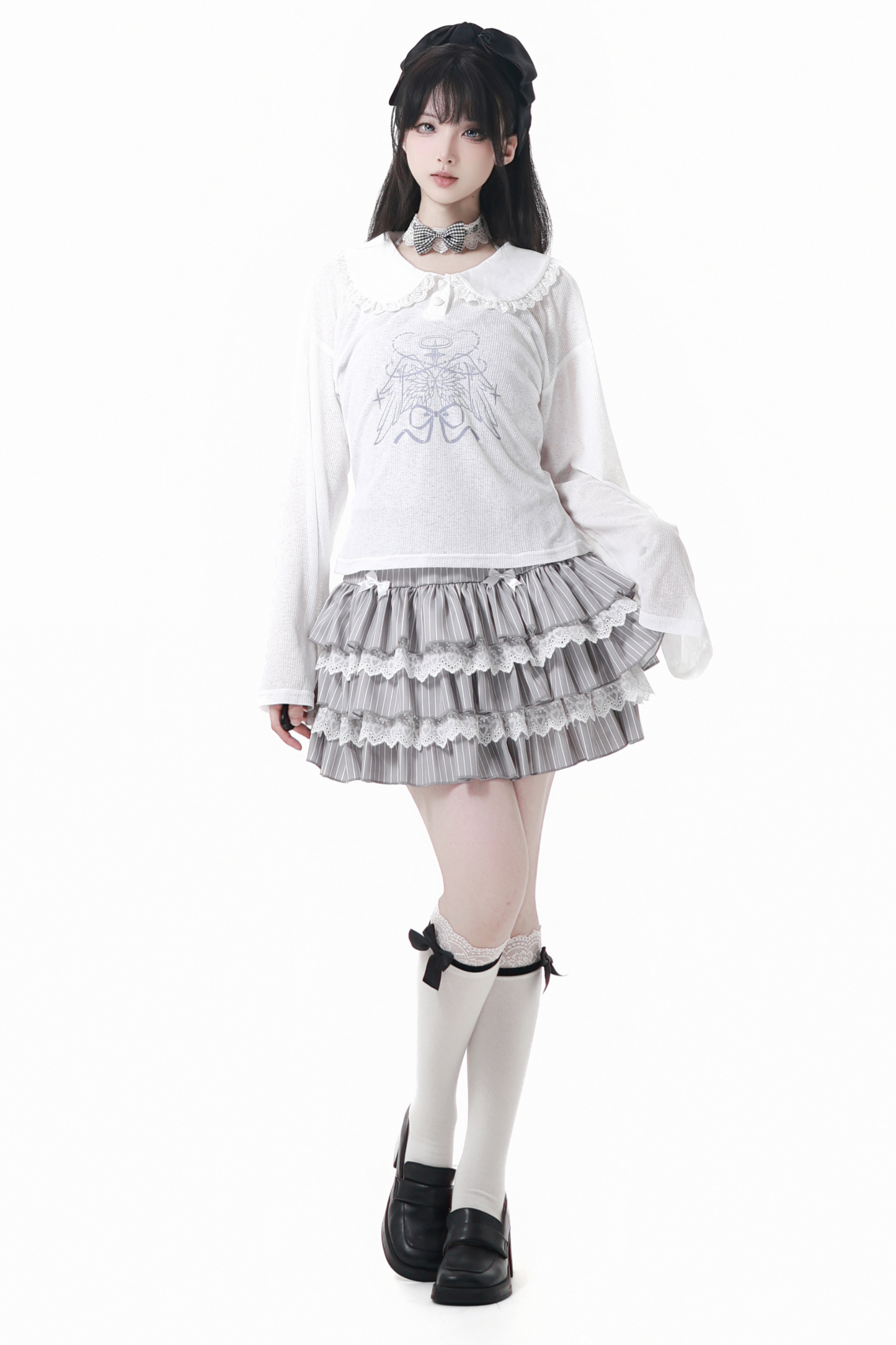 スモックサスペンダー+ドールカラートップス+ケーキスカート