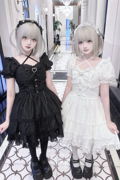 Süß-Mädchenhaftes Spitzen-Schleifen-Kleid + Haarklammer