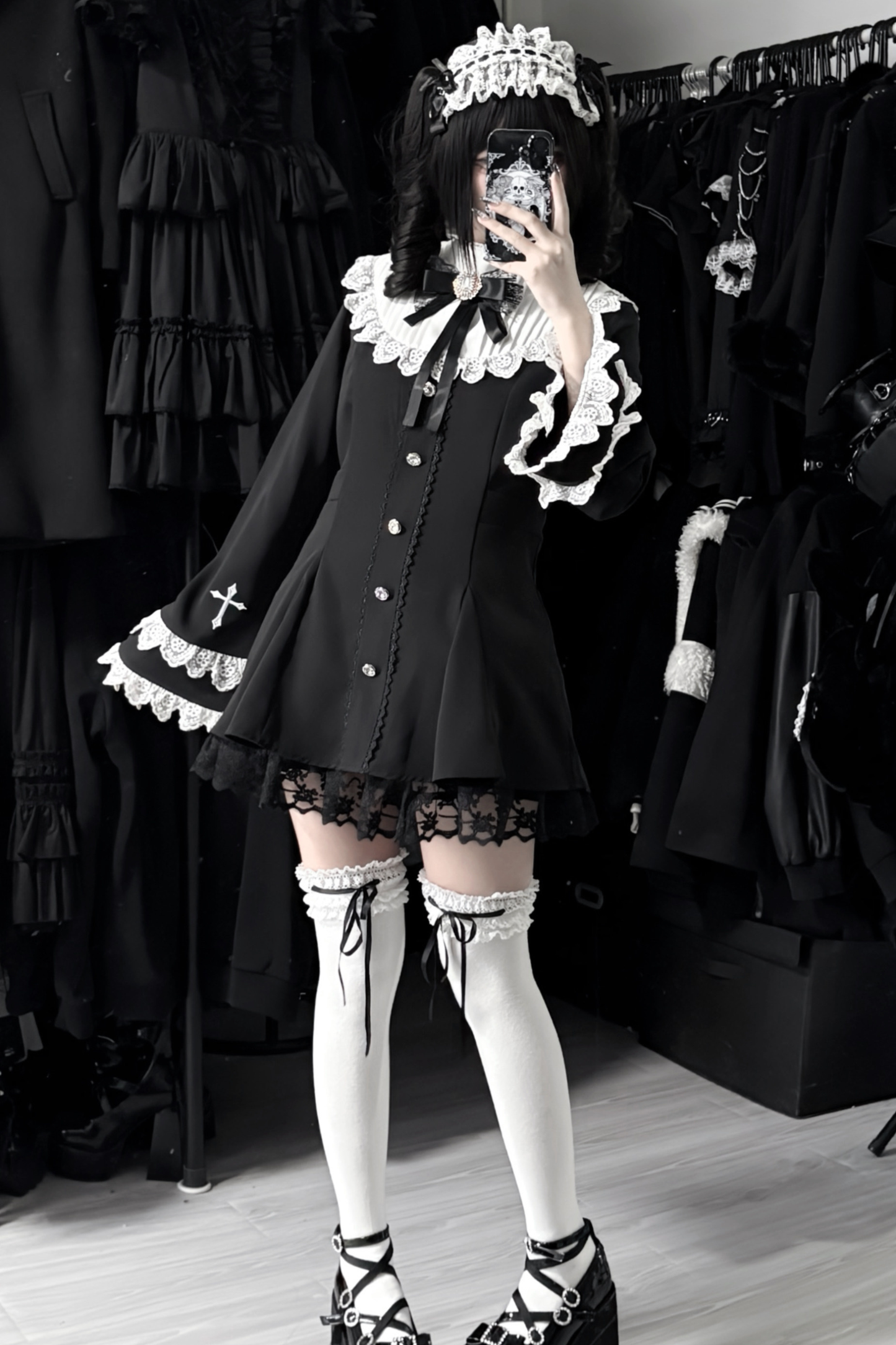 Cross Lace Flared Sleeve Dress