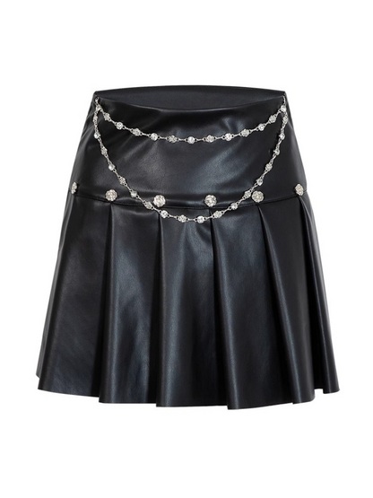 Metal Rose Diamond Chain Pleated Leather Skirt