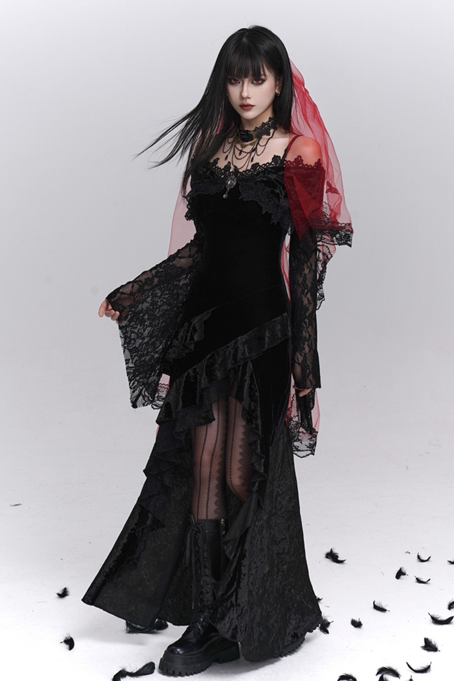 Gothic Lace Flare Long Dress