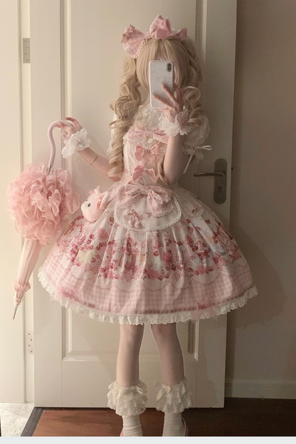 [Précommande jusqu'au 5 mai] Robe JSK à imprimé cerises roses, dentelle, ruban et tablier oreilles de lapin + accessoires