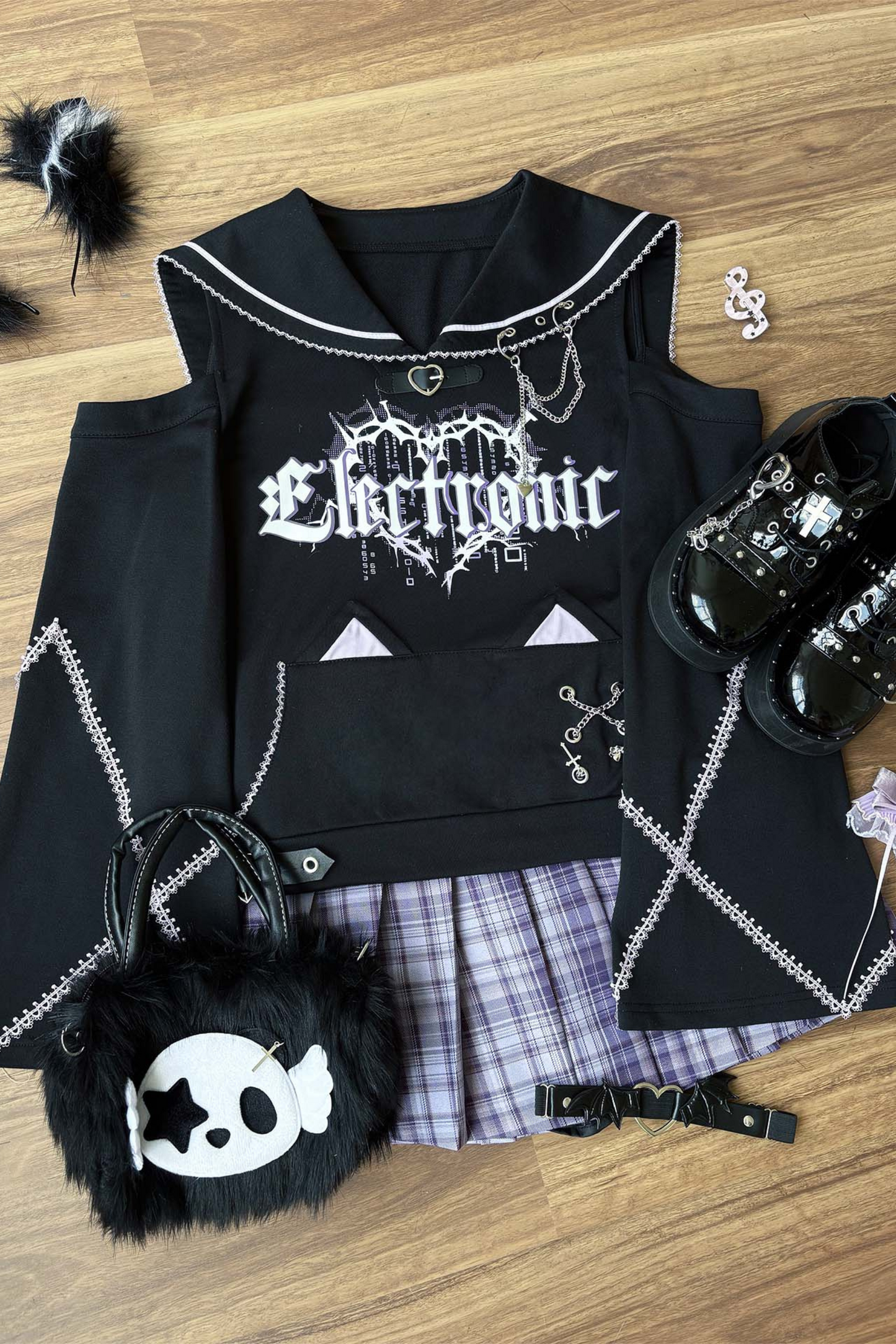 サブカルチャーセーラーオフショルダールーズスウェット