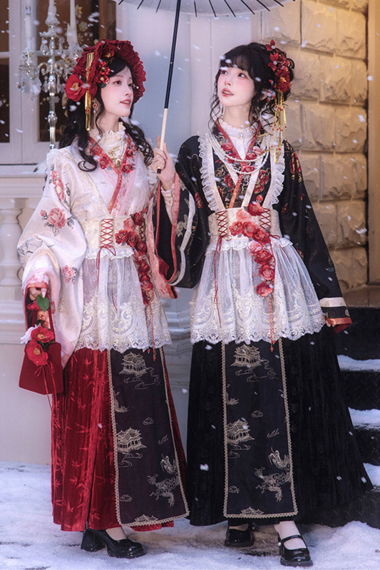 チャイナデザイントップス+ロングスカート+エプロン