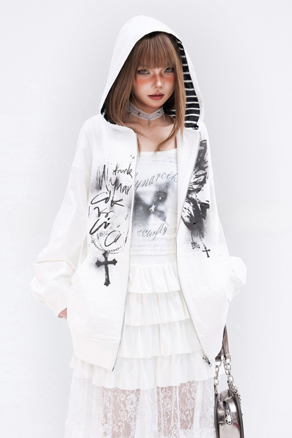 Butterfly Print Hooded Cross Loose Zip Hoodie