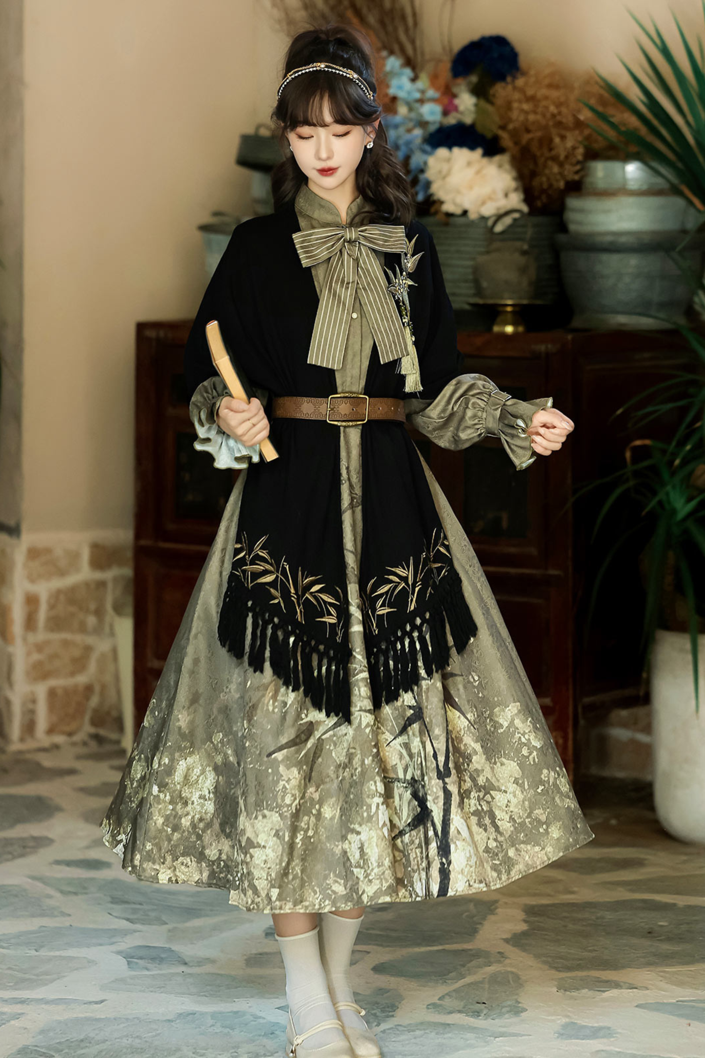 Chic Dark China Print Dress + Shawl