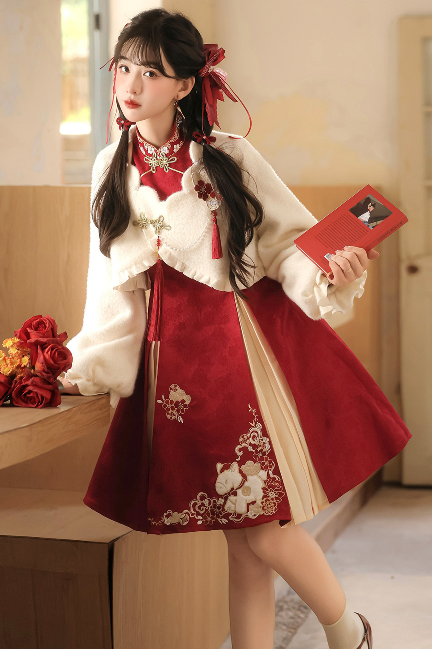 Chinese fur outerwear + retro dress