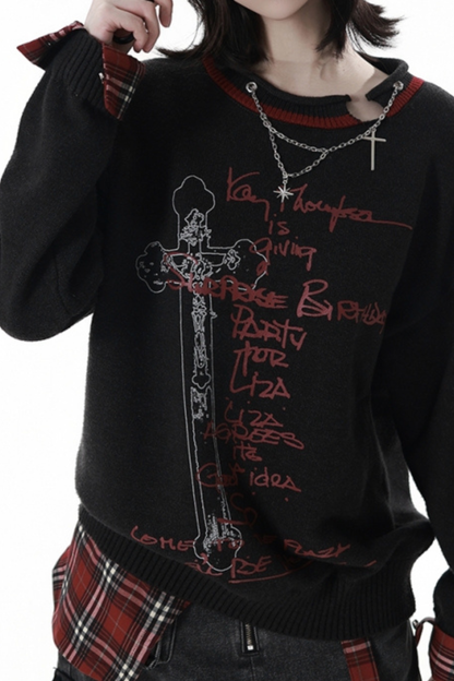 ダークトップス+デニムスカート+チェックウエストアクセサリー