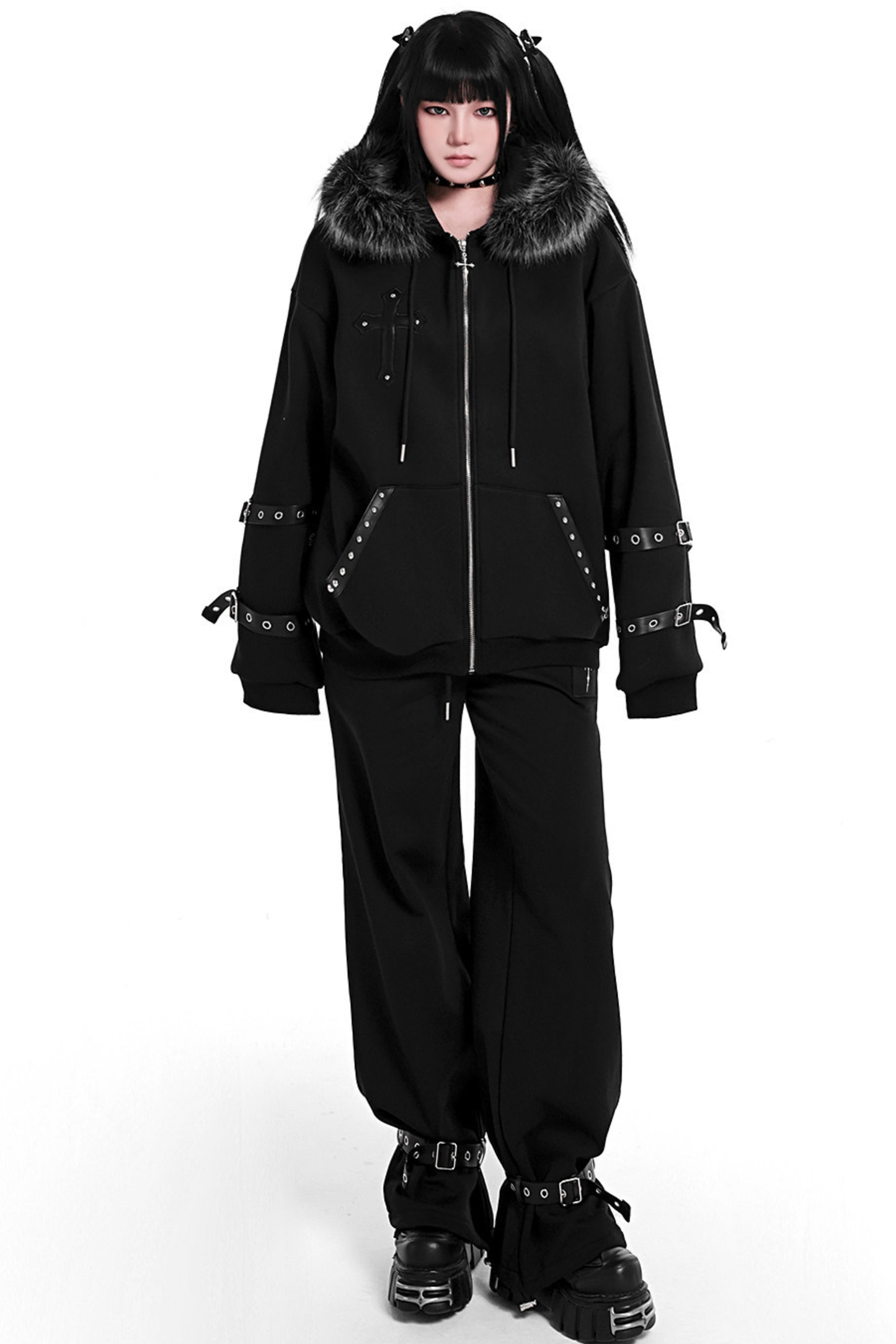 ゴシックリトルデビルポイントレザーフードパーカー