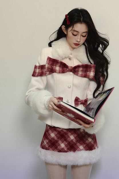 Check Ribbon Coat + Fur Check Skirt