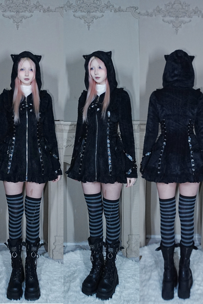 Cat Ear Hood Zipper Dress