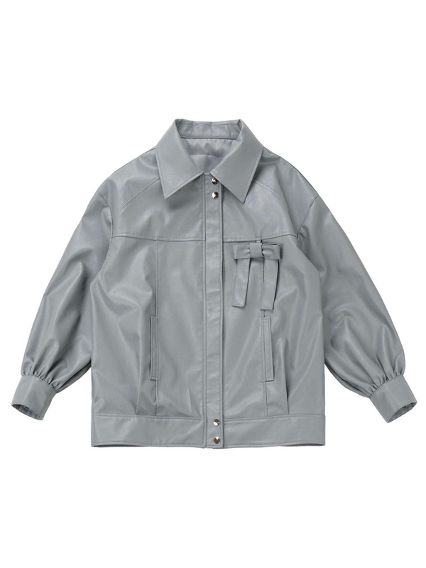 スターダストイリュージョンピュアディザイアグレーブルーデザインレザージャケット＋レーススクエアネックトップス＋レイヤードスカートパンツ