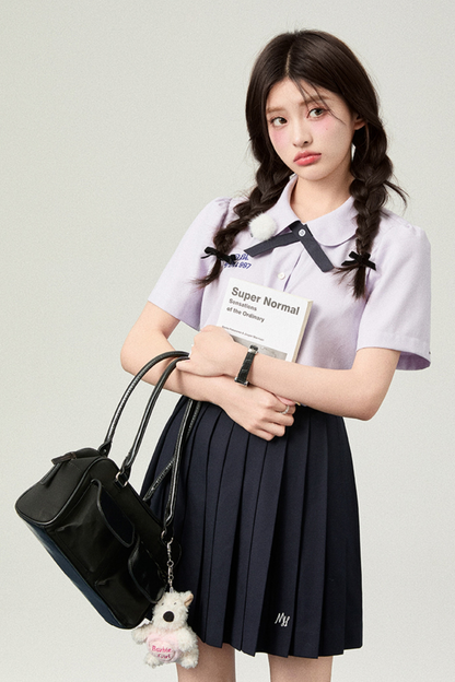College ribbon tie shirt + pleated skirt
