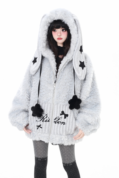 Bunny Ear Fur Hooded Coat
