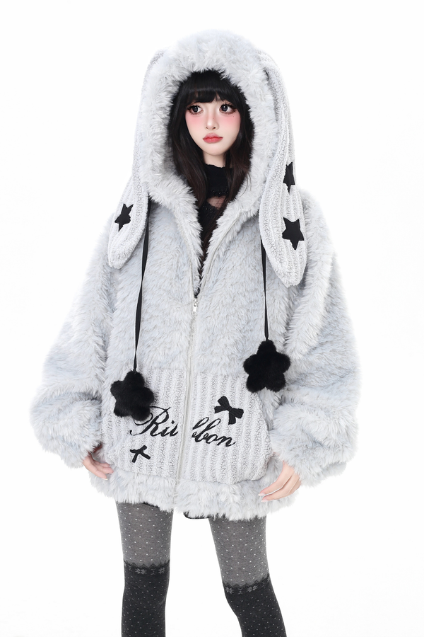 Bunny Ear Fur Hooded Coat