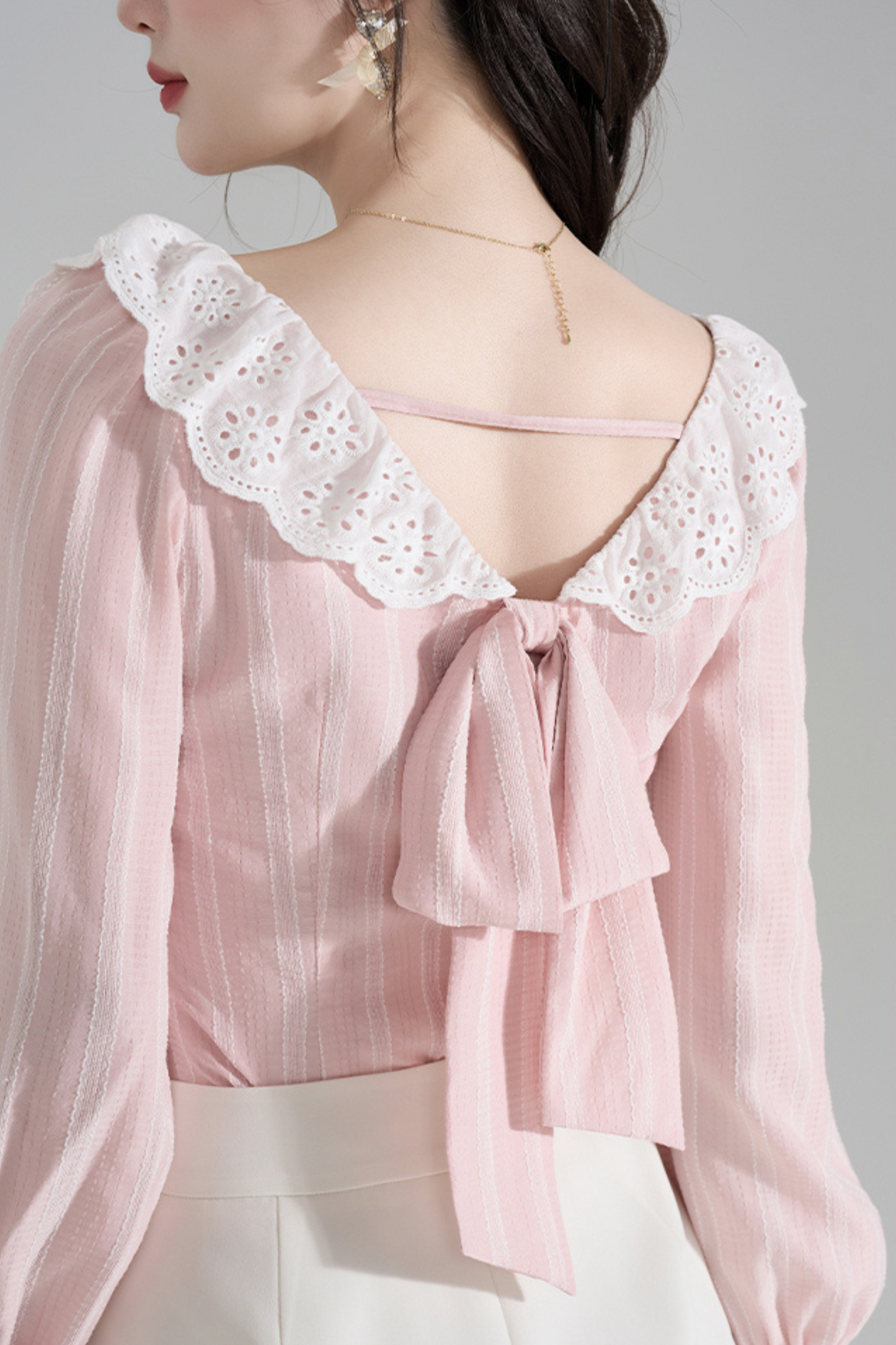 Pink Striped Lace Trim Blouse + Ruffled Shorts