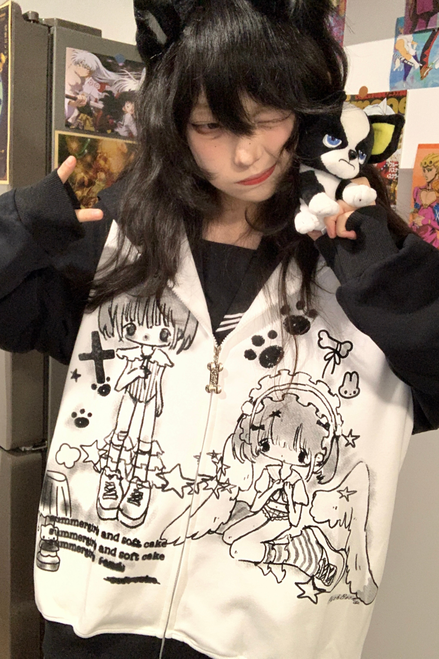 アニメガールイラストバイカラーフードパーカー