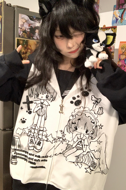 アニメガールイラストバイカラーフードパーカー