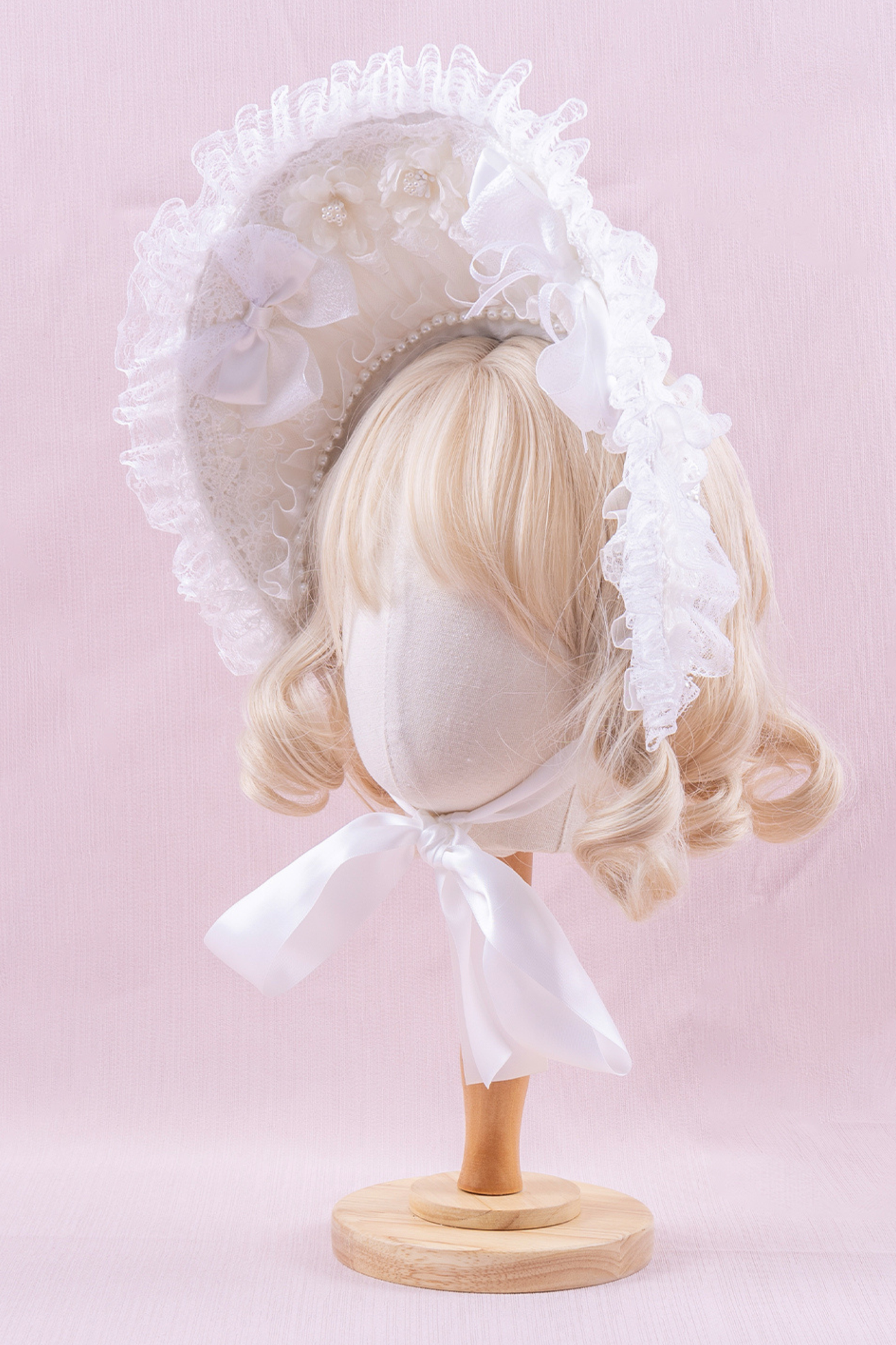 ホワイトレースブライダルスタイルボンネット+ヘアバンド+クリップ+スリーブ