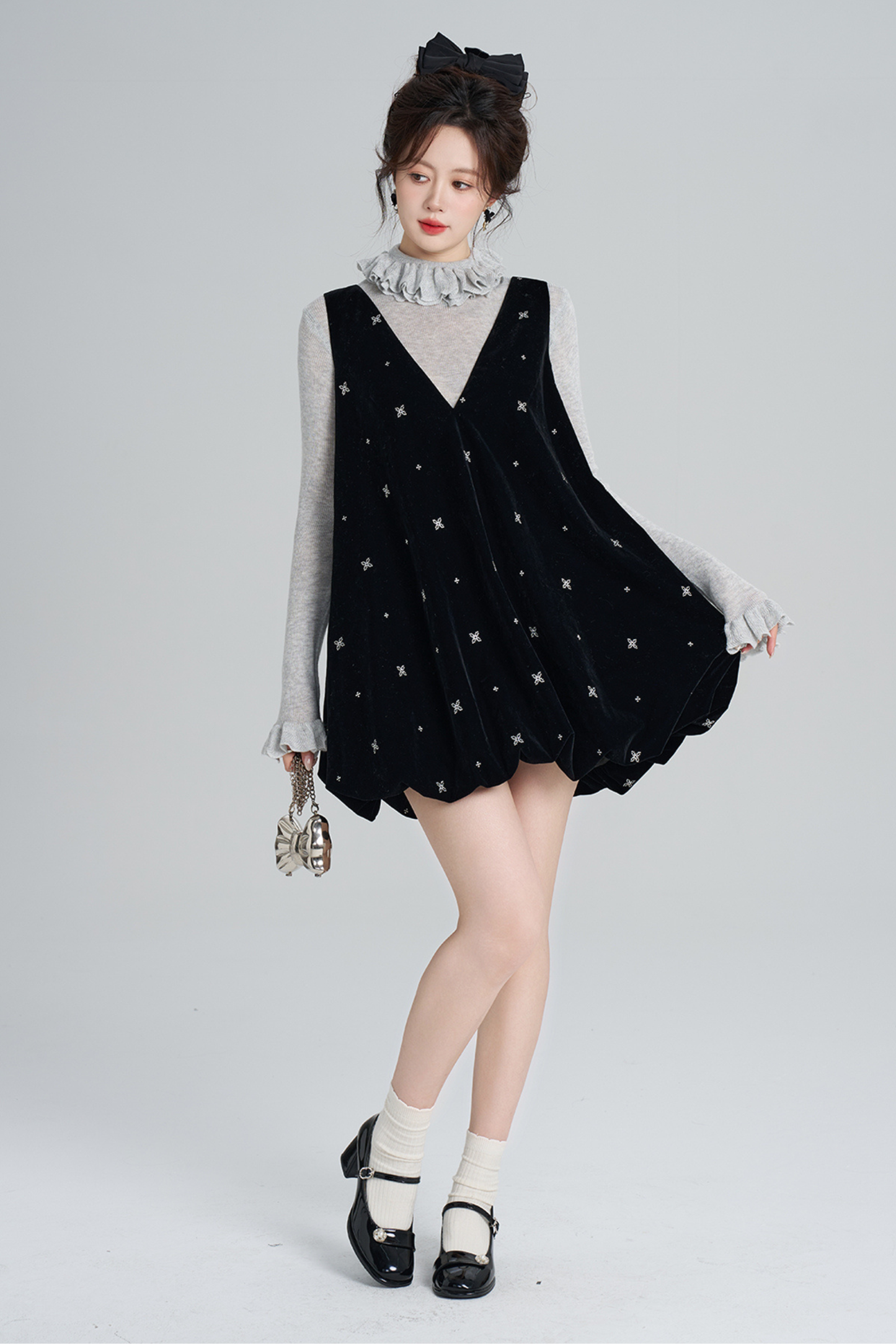 フレンチブラックベルベットリボンバルーンドレス