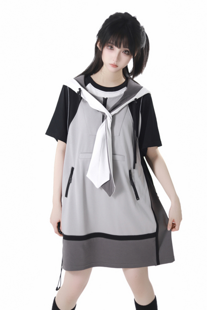 モードカジュアルレイヤードベスト+Tシャツ+ワイドパンツ+ワンピース