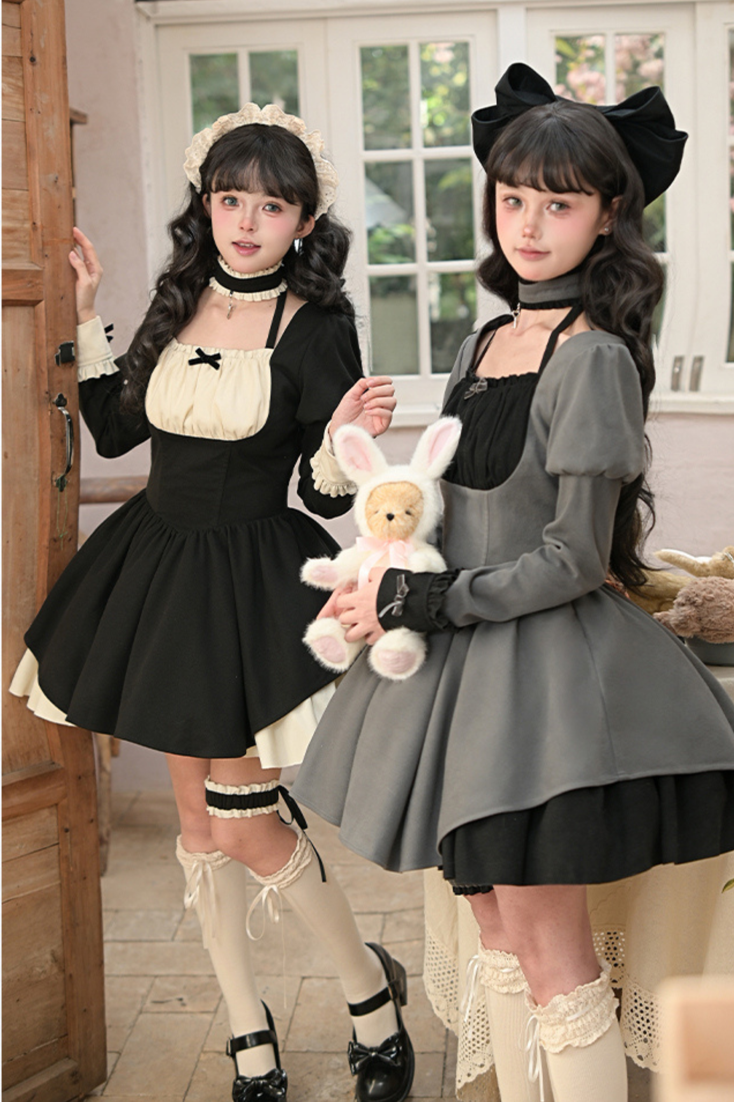 ツインフリルメイドロリータドレス+エプロン+チョーカー+ヘッドバンド+リボン+レッグカバー